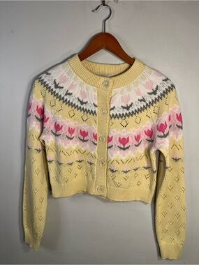 Freshman 1996 Pastel Yellow Floral Fair Isle Cropped Cardigan